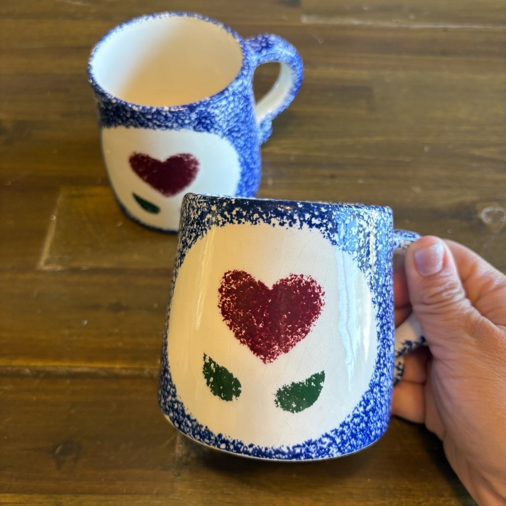 Heart Blue Sponge Stoneware Ceramic Mug Set Country Cottage Grandma Coffee Cups